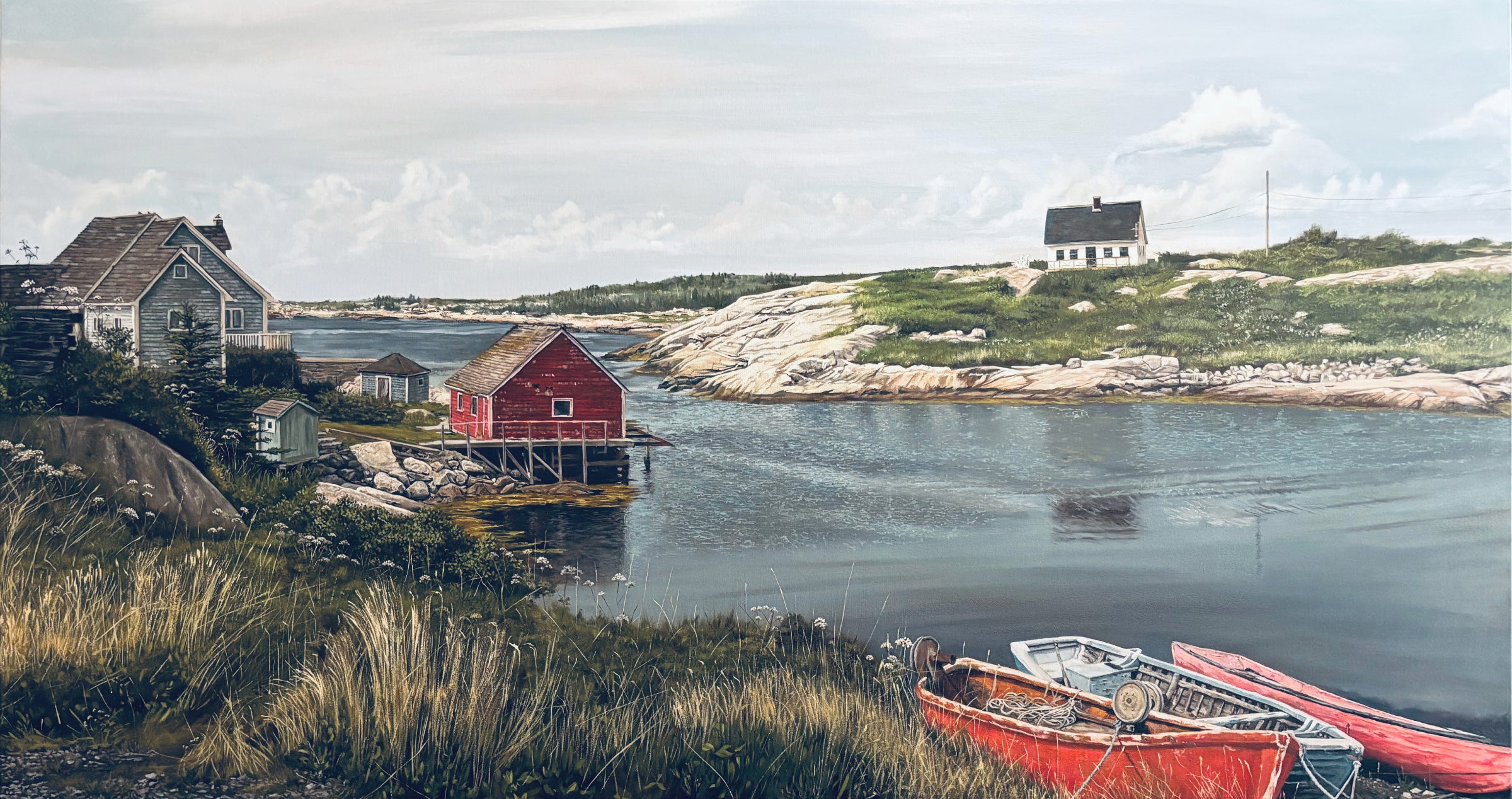 Original oil painting of Peggy's Cove, Nova Scotia — weathered homes and fishing boats on the North Atlantic, 60x32 by Mike Shatilla