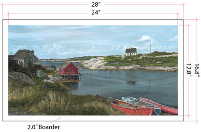 Original oil painting of Peggy's Cove, Nova Scotia — weathered homes and fishing boats on the North Atlantic, 60x32 by Mike Shatilla