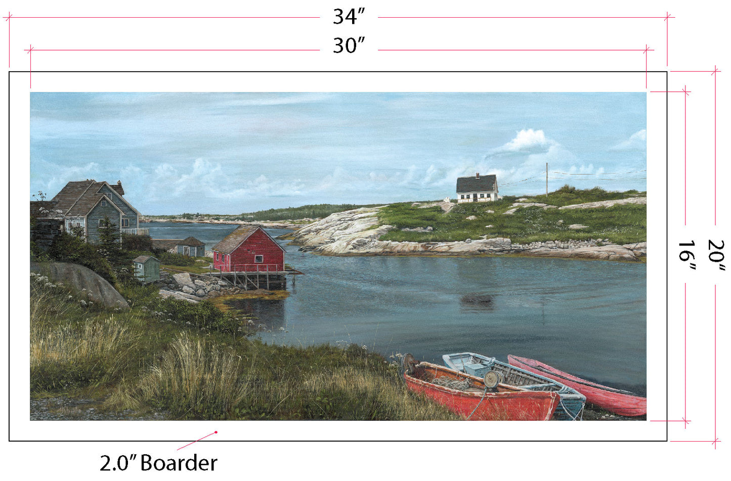 Original oil painting of Peggy's Cove, Nova Scotia — weathered homes and fishing boats on the North Atlantic, 60x32 by Mike Shatilla