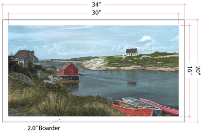 Original oil painting of Peggy's Cove, Nova Scotia — weathered homes and fishing boats on the North Atlantic, 60x32 by Mike Shatilla