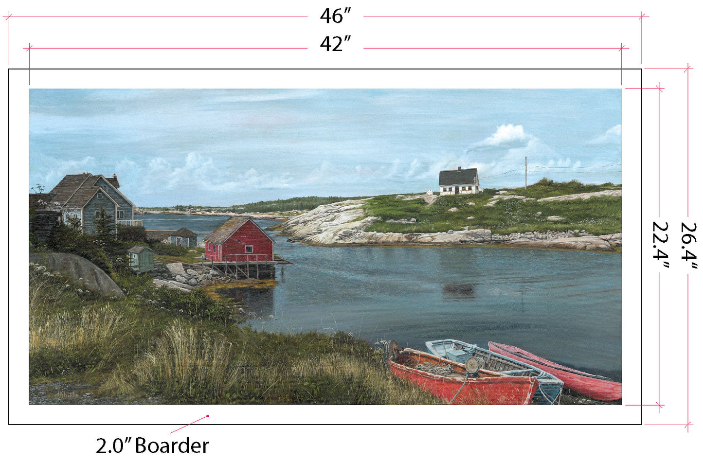 Original oil painting of Peggy's Cove, Nova Scotia — weathered homes and fishing boats on the North Atlantic, 60x32 by Mike Shatilla