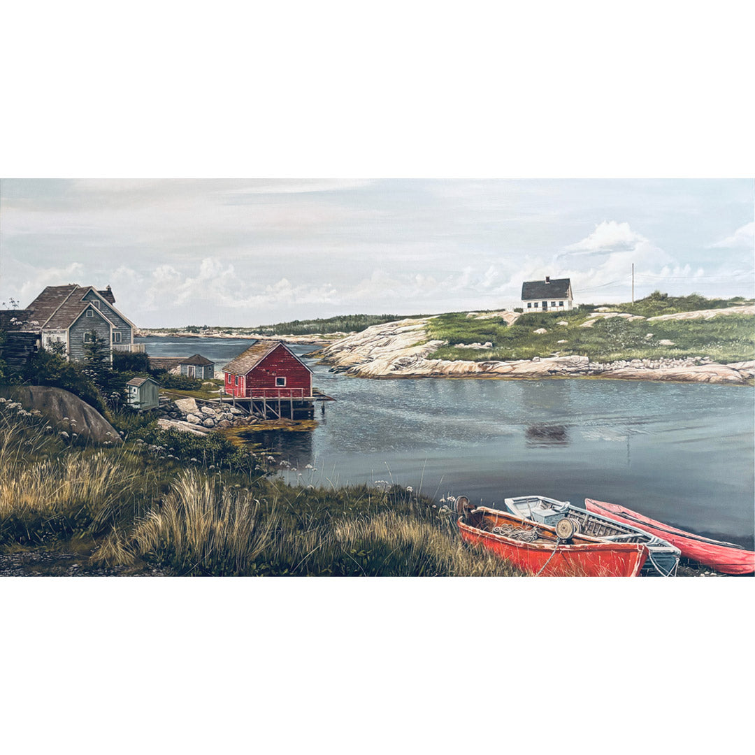 Original oil painting of Peggy's Cove, Nova Scotia — weathered homes and fishing boats on the North Atlantic, 60x32 by Mike Shatilla